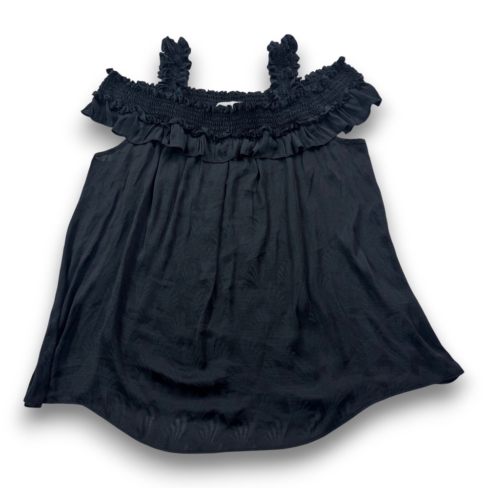 Anthropologie Black Jacquard Leaf Smocked Cold Shoulder Ruffle Blouse XL